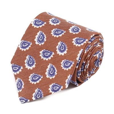 Corbata de seda tejida marrón Luigi Borrelli con estampado de foulard de cachemira azul nueva con etiquetas Foto 1 de 4