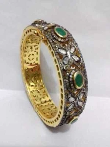 Victorian Bangle Natural Rose Cut Diamond Polki & Emerald 925 Sterling Silver  - Foto 1 di 4