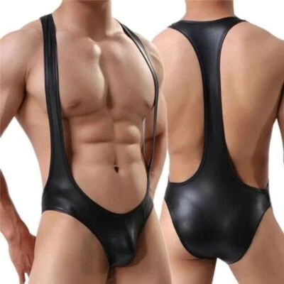 Men Clubwear PU Leather Catsuit Bodysuit Jockstrap Singlet wrestling DS Jumpsuit - Image 1 of 4