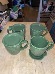 Set of 4 TEMPTATIONS Green All A Flutter Mugs with Coasters 5" - Picture 1 of 3