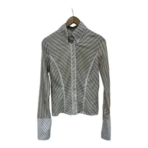 Karen Millen Blouse Long Sleeve Striped Black Beige Button Front Fitted Size 12 - Picture 1 of 6