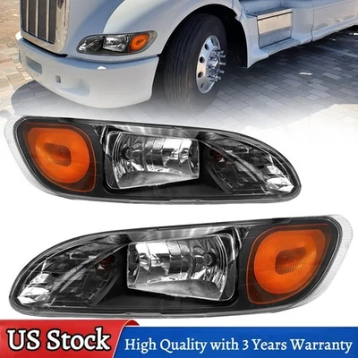 For 2008-2013 Peterbilt 325/384/386 Black Driver Passenger Headlights Headlamps - Image 1 of 4