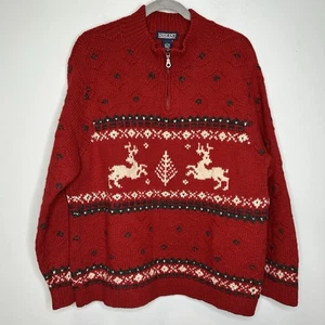 Lands’ End Red 100% Lambs Wool 1/4 Zip Chunky Knit Fairisle Pullover Sweater L - Picture 1 of 8