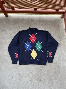Vintage 90s Liz Claiborne Harlequin Argyle Sweater Crew Neck Navy Multicolor M - Picture 1 of 4
