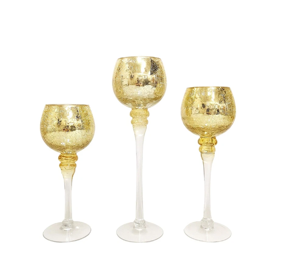 Set of 3 Crackle Gold Glass Tealight Holders 9 Inches 10 Inches and 12 Inches... - Image 1 of 4