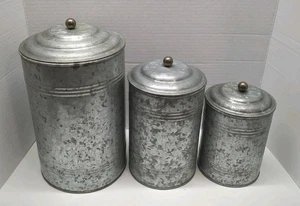 Set of 3 Galvanized Metal Canisters Vtg Rustic Stackable - Picture 1 of 15