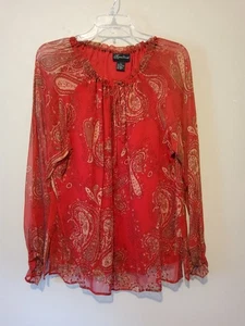 KAREN ARNOLD 100 % SEIDE rot Paisley Rüschen Langarm transparent gefüttert Bluse Größe Lg - Bild 1 von 8
