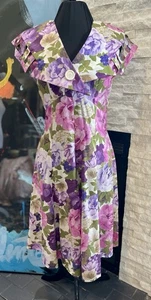VTG 80s Floral Garden Party Square Shoulders Party MIDI Cottage core Dress - Picture 1 of 20