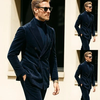 Trajes de terciopelo para hombre solapa pico azul marino noche cena bata informal abrigo chaqueta Foto 1 de 4