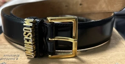 Vintage Moschino Redwall Black Leather Logo Belt Gold Buckle Made in Italy 42 - Image 1 of 4