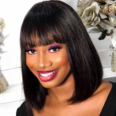 Human Hair Wig with Bangs Straight Bob Wig No Lace Front Wig For Black Women - Image 1 of 4