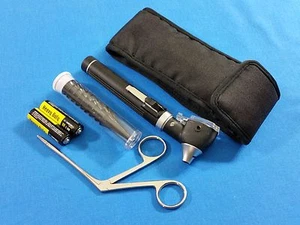 BLACK MINI FIBER OPTIC Otoscope ENT Diagnostic+ Alligator Forceps +Batteries KIT - Picture 1 of 6
