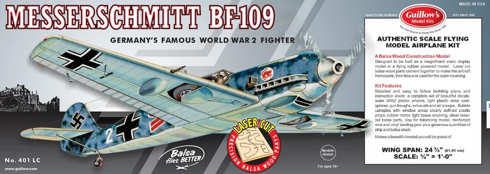 Guillow's Aereo Balsa Messerschmitt BF-109 tagliato al laser Scala 1:16 - Immagine 1 di 4