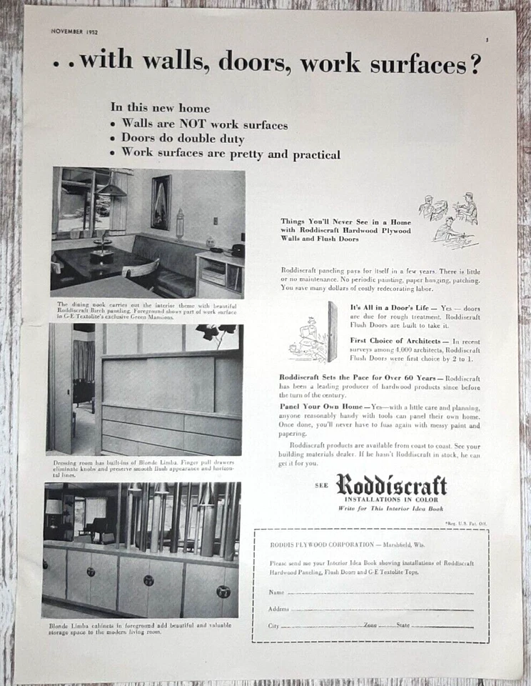 Roddiscraft 1952 anuncio impreso vintage paredes puertas abedul decoración del hogar Marshfield WI B&W Foto 1 de 1
