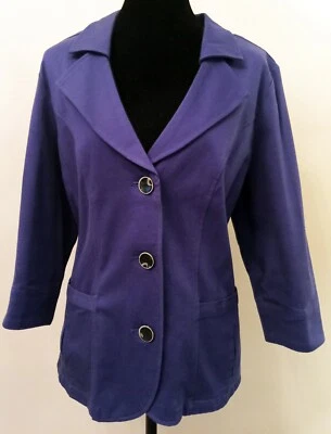 Denim & Co. Womens Blazer Large Blue Buttons 3/4 Length Sleeve Cotton Stretch  - Image 1 of 4