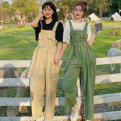 Jumpsuits Women Sashes Green Loose SuspenderStraight Chic Oversize Overalls Cute - Imagem 1 de 4