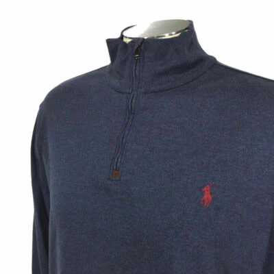 Polo Ralph Lauren 1/2 Zíper Suéter Pulover L Azul Vermelho Pônei Algodão Jumper Masculino - Imagem 1 de 4