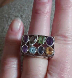 VINTAGE SUBSTANTIAL LARGE CUSTOM MADE CHUNKY UNISEX 925 MULTI GEMSTONE RING - Picture 1 of 18