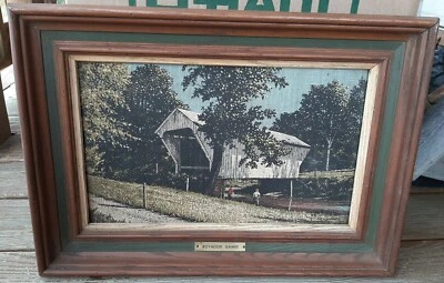 Vintage Kay Dee Linen Hand Print Framed "Boyhood Games" Covered Bridge 20"x14" - Image 1 of 4