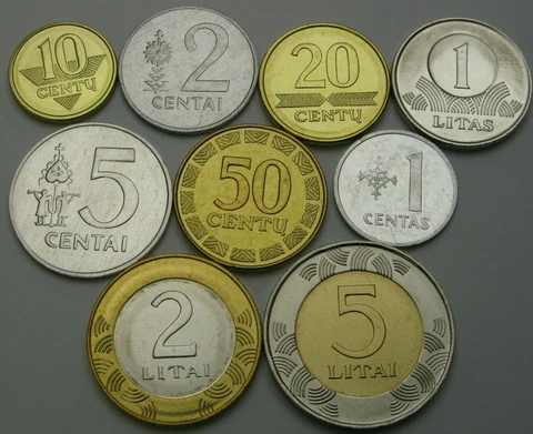 LITHUANIA 1 Centas / 5 Litai 1991/2013  - Lot of 9 Coins - UNC * Cover