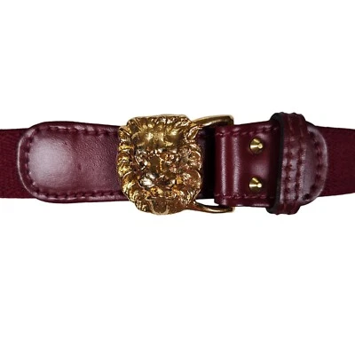 Vintage Anne Klein Gold Tone Lion Head Belt Size L Red Stretch Elastic - Image 1 of 4