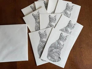 Cat Pencil Sketch Blank  Note Card  Qty 9 With Envelopes NEW Vintage Greeting - Picture 1 of 5