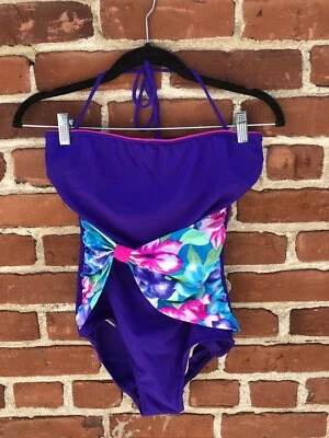 Vintage 80s Purple One Piece Swimsuit Rose Marie Reed Strapless Neon Floral  - Photo 1/4