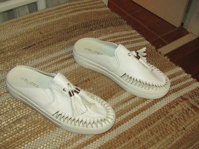 J/Slides White Slip On Leather Mules Tasseled Women's size 8.5 - Image 1 of 4