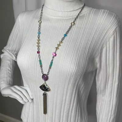 Collar Colgante Largo Chico Metales Mezclados Tono Plata Firmado Bisutería Foto 1 de 4