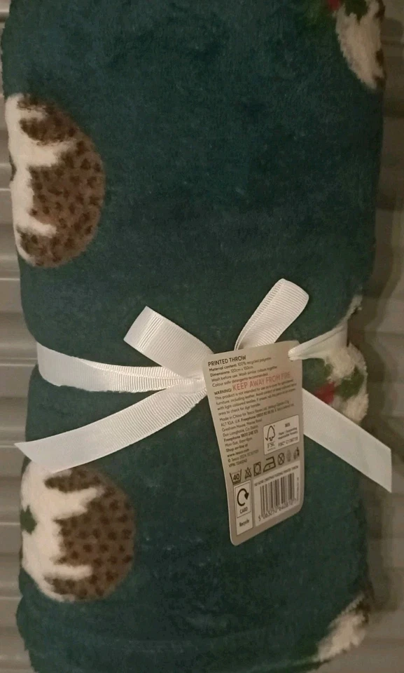 PRINTED CHRISTMAS PUDDING THEMED GREEN FLEECE  THROW, 120cm x 150cm - Image 1 of 4
