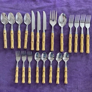 Bambus Kunststoff Griff Besteck 21 Edelstahl Set Messer Gabel Löffel Tiki Silberbesteck - Bild 1 von 11