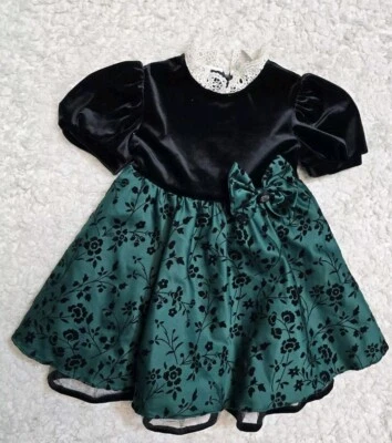 Vestido Vintage Little Bitty Niñas Terciopelo Verde 4 Vacaciones Foto 1 de 3