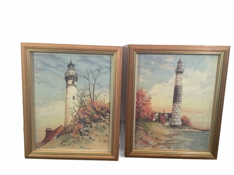 2 Vintage Mid Century Lighthouse Framed Prints Wood Frame 9x11 Cover
