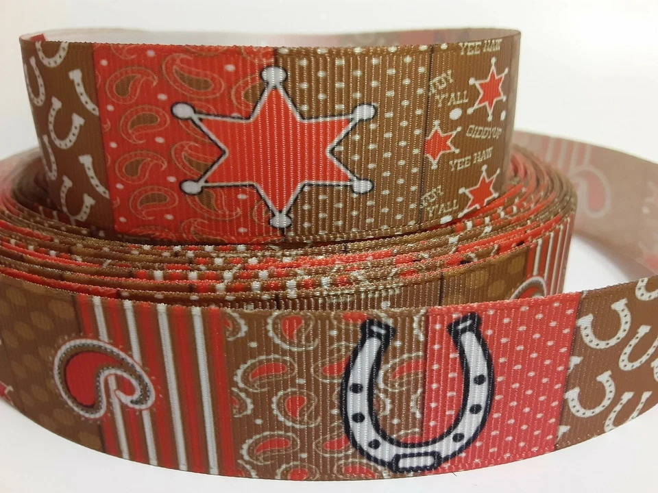 Grosgrain Ribbon Western Patchwork Horseshoes Sheriff Badge Yee Haw Paisley 1" - Image 1 of 1