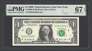 United States-Federal Reserve 1 Dollar 2009 Fr#3000-B (BK Block) UNC Grade 67 - Picture 1 of 2