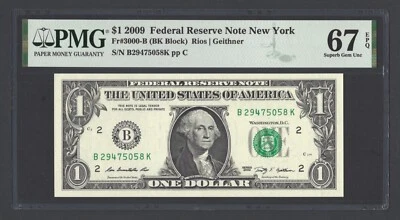 United States-Federal Reserve 1 Dollar 2009 Fr#3000-B (BK Block) UNC Grade 67 - Image 1 of 2