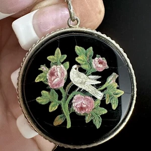 ANTIGUO COLLAR DE ÓNIX PÁJARO MOSAICO PIETRA DURA PLATA 800 DE 1800 - Imagen 1 de 24