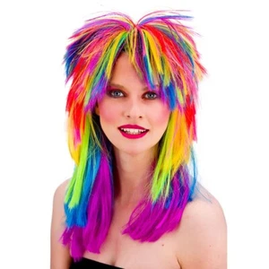 80s Rainbow Wig Long Rocker 1980s Adult Fancy Dress Pride LGBT+ Party - Picture 1 of 1
