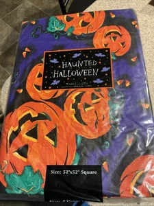 NOS Halloween Vinyl Table Cloth Flannel Back 52x52” Square Purple w/Pumpkins NIP - Picture 1 of 1