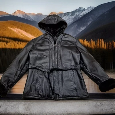✅Chaqueta térmica Wilsons de cuero negro con cinturón de piel sintética con capucha cremallera completa para mujer M Foto 1 de 4