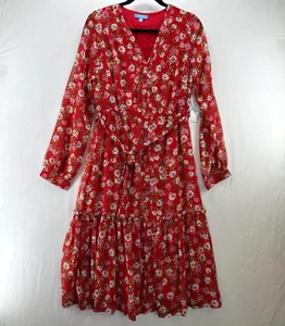 Abito midi Draper James RSVP manica lunga a strati donna M foderato cintura floreale rosso - Foto 1 di 13