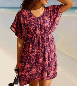 Lands End Kaftan mit geraffter Taille Schwimmen Überziehen Kleid Gr. XL-XXL V-Ausschnitt lila pink - Bild 1 von 14