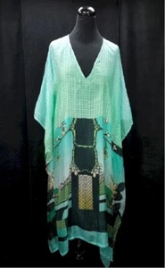  Kaftan Tunika Seide *Aqua* 95cm (V-Neck) * 100% Seide Damen Urlaub Luxus Natur  - Picture 1 of 1