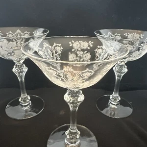 Set Of 7 Tiffin Glass Cherokee Rose Crystal Champagne Stems 5 Oz, 5 7/8” DAMAGED - Picture 1 of 3