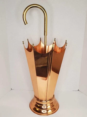 Vtg Sculpted Umbrella Brass Copper Self Standing Hall Cane & Umbrella Stand 27" Cover