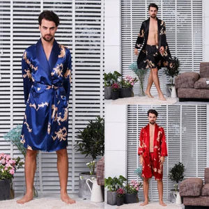 Men's Satin Robe with Shorts Silk Bathrobe Luxurious Nightgown Pajamas Bathrobes - Picture 1 of 10