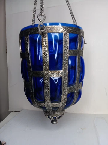 Vtg? Hanging Pendant Blue Blown Glass Candle Holder Caged Pendant Light Colbalt Cover