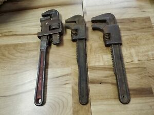  3 Vintage Antique pipe Wrench Set / Lot of  Two 9"  & one P&C 10" Tool 