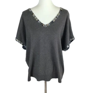 Women's CJ Banks Sweater Sequins Beaded Short Sleeve V-Neck Gray 1X Dark Grey - Picture 1 of 13