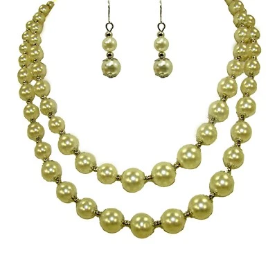 白色珍珠珠双排项链和耳环套装优雅分层珍珠颈 — 第 1/4 张图片